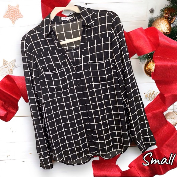 EXPRESS Black Window Pane Adjustable Sleeve Blouse SMALL - Picture 7 of 7